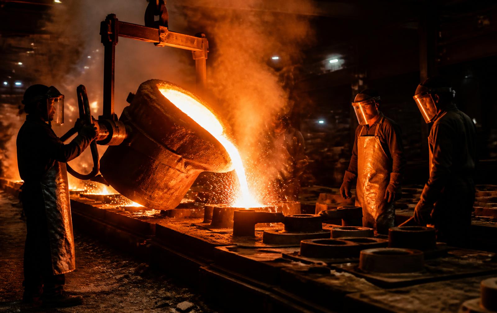 Molten iron poured into valve body moulds at the REW foundry