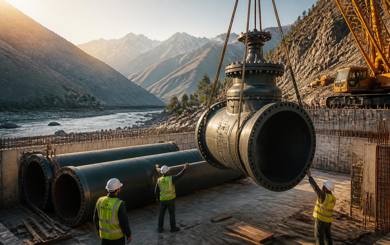 Large gate valve and penstock sections installed at a hydropower site in northern Pakistan